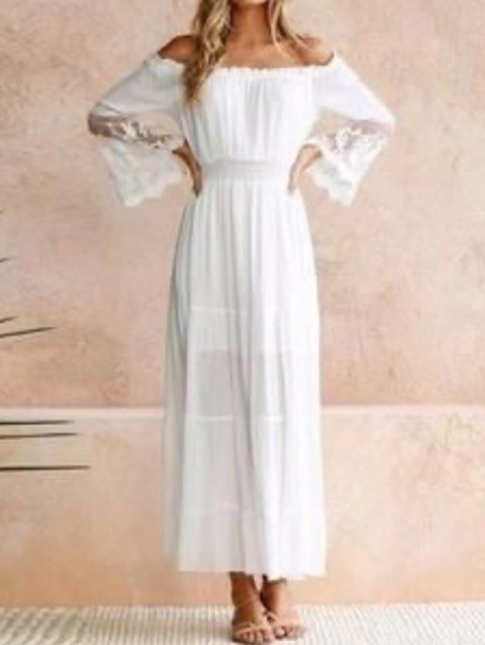 Cream Boho Lace Sleeve Full Length Dress On Or Off Shoulder sz L